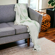 Gray and Green Woven Cotton Throw Blanket with Fringe