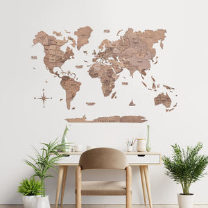 35" X 59" Wood Brown Wood World Map Hanging Dimensional Sculpture