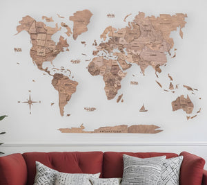 47" X 79" Wood Brown Wood World Map Hanging Dimensional Sculpture