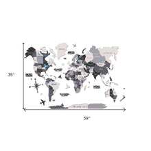 35" X 59" Black Gray and White Wood World Map Hanging Dimensional Sculpture
