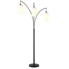 83" Black Three Light Torchiere Floor Lamp With White Frosted Glass Drum Shade