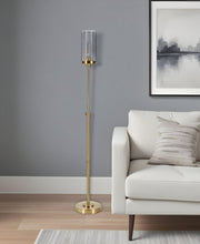 66" Brass Adjustable Torchiere Floor Lamp With Clear Glass Cylinder Shade