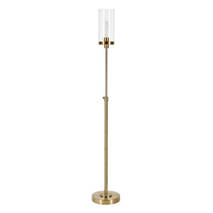 66" Brass Adjustable Torchiere Floor Lamp With Clear Glass Cylinder Shade