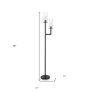 69" Black Two Light Torchiere Floor Lamp With Clear Transparent Glass Drum Shade