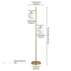 71" Brass Two Light Tree Floor Lamp With White Frosted Glass Globe Shade