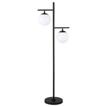 71" Black And White Two Light Tree Floor Lamp With White Glass Globe Shade