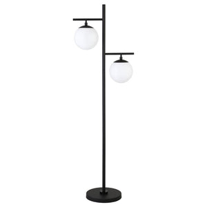 71" Black And White Two Light Tree Floor Lamp With White Glass Globe Shade