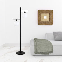 71" Black And White Two Light Tree Floor Lamp With White Glass Globe Shade