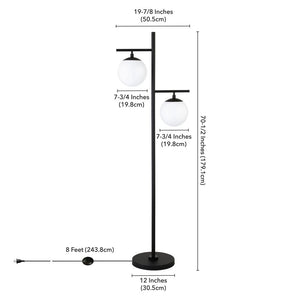 71" Black And White Two Light Tree Floor Lamp With White Glass Globe Shade
