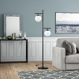 71" Black And White Two Light Tree Floor Lamp With White Glass Globe Shade