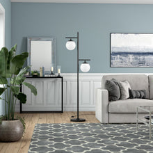 71" Black And White Two Light Tree Floor Lamp With White Glass Globe Shade