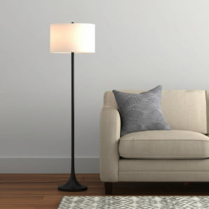 62" Black Floor Lamp With White Fabric Drum Shade