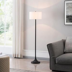 62" Black Floor Lamp With White Fabric Drum Shade