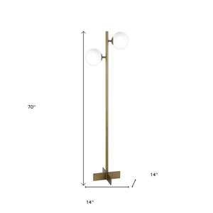 70" Brass Two Light Tree Floor Lamp With White Frosted Glass Globe Shade