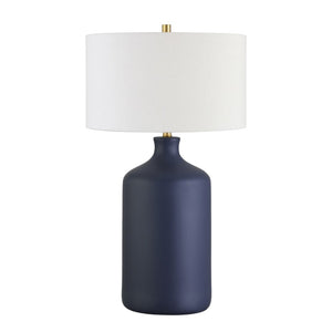 29" Navy Blue Ceramic Table Lamp With White Drum Shade