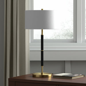 25" Black and Gold Metal Two Light Table Lamp With White Drum Shade