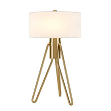 25" Brass Metal Two Light Tripod Table Lamp With White Drum Shade