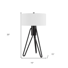 25" Black Metal Two Light Tripod Table Lamp With White Drum Shade