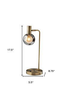 18" Antiqued Brass Metal Cylinder Desk Table Lamp With Gray Globe Shade With Starling LED Bulb