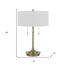 20" Antiqued Brass Metal Two Light Table Lamp With White Drum Shade
