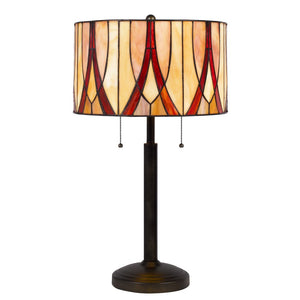 24" Bronze Metal Two Light Table Lamp With Red And Ivory Drum Shade
