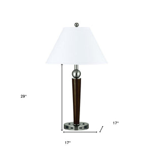 29" Nickel Metal Two Light Geometric USB Table Lamp With White Empire Shade