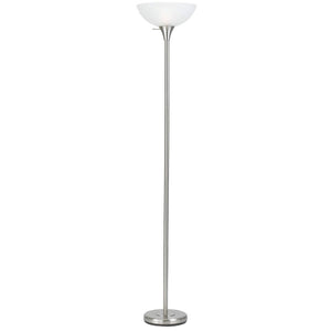 70" Nickel Metal Torchiere Floor Lamp With White Glass Dome Shade