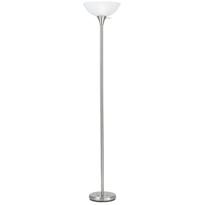70" Nickel Metal Torchiere Floor Lamp With White Glass Dome Shade