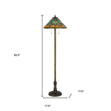 63" Brass Two Light Traditional Shaped Floor Lamp With Blue and Orange Dragonfly Tiffany Glass Empire Shade