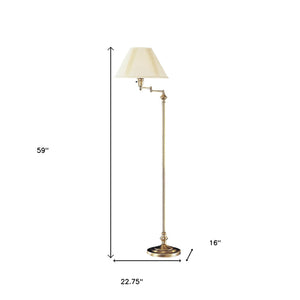 59" Bronze Metal Swing Arm Floor Lamp With Beige Fabric Empire Shade