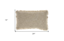 14" X 24" Taupe Cotton Lumbar Throw Pillow with Fringe