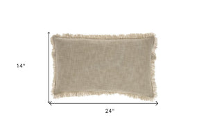 14" X 24" Taupe Cotton Lumbar Throw Pillow with Fringe
