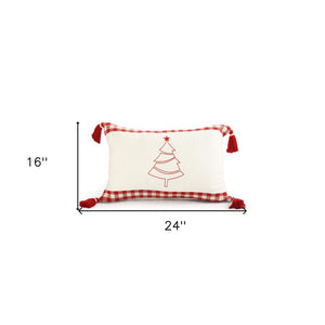 16" X 24" Red and White Christmas Tree Cotton Zippered Pillow With Tassels