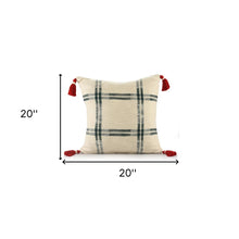 20" X 20" Ivory and Green Christmas Plaid Cotton Zippered Pillow With Tassels