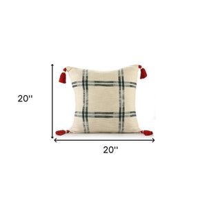 20" X 20" Ivory and Green Christmas Plaid Cotton Zippered Pillow With Tassels