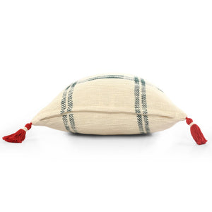 20" X 20" Ivory and Green Christmas Plaid Cotton Zippered Pillow With Tassels