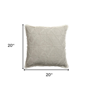 20" Beige and Ivory Throw Pillow with Embroidery and Fringe