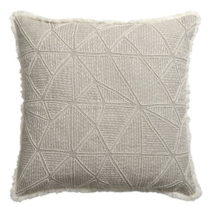 20" Beige and Ivory Throw Pillow with Embroidery and Fringe