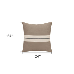 24" Taupe And Dark Gray Cotton Striped Throw Pillow