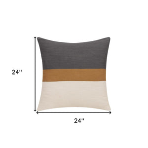 24" Dark Gray Brown And Off White Cotton Striped Throw Pillow