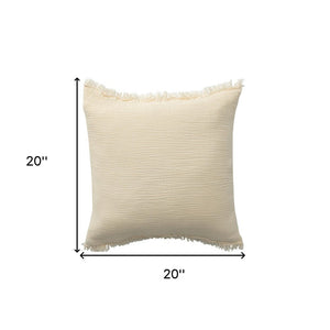 20" X 20" Cream Cotton Zippered Down Pillow With Fringe