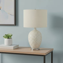 28" White and Silver Ceramic Round Table Lamp With Cream Drum Shade