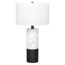 24" Black and White Marble and Metal Cylinder Table Lamp With White Drum Shade