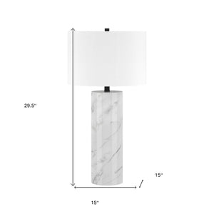 30" White Marble Cylinder Table Lamp With White Drum Shade