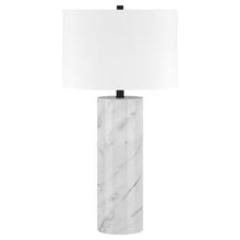 30" White and Gray Marble Table Lamp With White Drum Shade