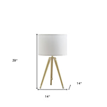 Gold Metal Adjustable Height Tripod Table Lamp With White Drum Shade