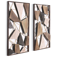 Set of Two Brown and Gold Geometric Wood and Metal Hanging Dimensional Sculptures