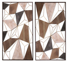 Set of Two Brown and Gold Geometric Wood and Metal Hanging Dimensional Sculptures