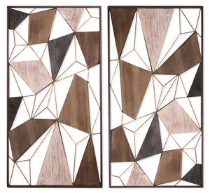 Set of Two Brown and Gold Geometric Wood and Metal Hanging Dimensional Sculptures