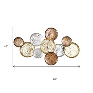 33" X 60" Bronze Gold and Silver Metal Round Disc Hanging Dimensional Sculpture